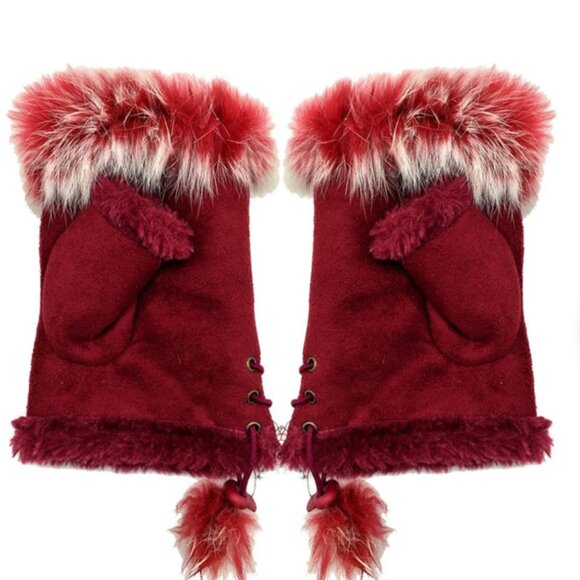 Burgundy Fingerless Touch-Screen Gloves with Faux Fur Trim, NWT - Picture 2 of 12